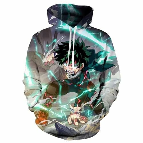 Anime character hoodie with dynamic pose and lightning effects