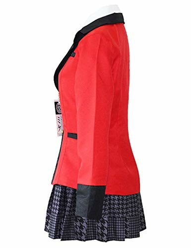 Red and black anime-style blazer with patterned skirt.