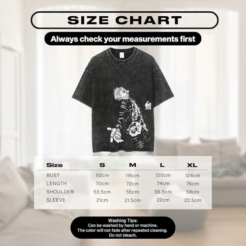 Anime t-shirt size chart with washing tips.