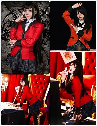 Cosplayer in red and black Kakegurui-themed outfits