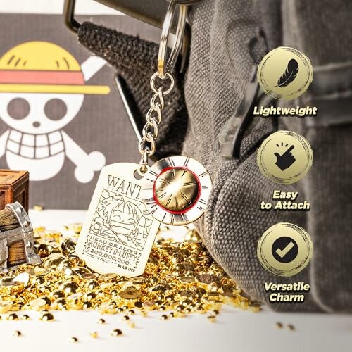 Pirate-themed keychain with gold coins and treasure chest.