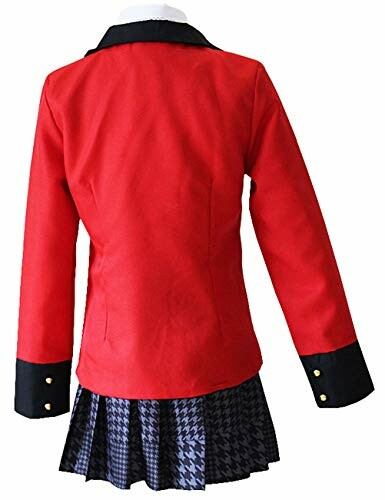 Red jacket with black collar and cuffs, paired with a black houndstooth skirt.