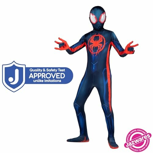 Child in a Spider-themed costume with safety approval badge.